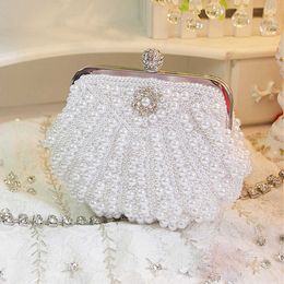 Hand embroidered pearl bag, shell dinner beige banquet bride's handbag 231108