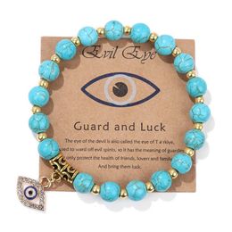 Charm Bracelets Lucky Turkish Blue Evil Eye Card 8Mm Lava Kallaite Beads Handmade Elasticity Bracelet For Men Women Yoga Rei Dhgarden Dh2C5
