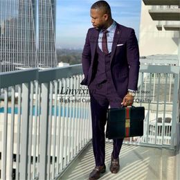 Men's Suits & Blazers Slim Fit 3 Pieces Purple Wedding Tuxedos Notached Lapel Business Traje Hombre Set Groom Prom Blazer Fashion Mens