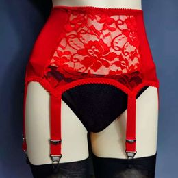 Vintage Red Lace Garter with 6 Straps Hollow Out Metal Clip Sexy Suspender Belt for Women Stockings Lingerie