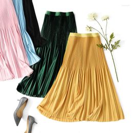 Skirts Spring Candy Long Pleated Skirt Temperament Drape A-line Calf Yellow Pink Blue GreenSkirts