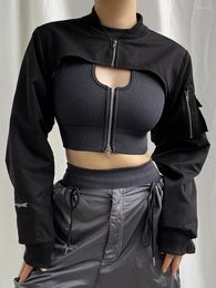 Women's Hoodies Women Fashion Solid Colour Personality Crop Tops Stand Collar Long Sleeve Zipper Street Short Jacket Pockets Cargo