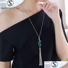 Pendant Necklaces New Arrival Crystal Fringed Sweater Chain Inlayed Turquoise High Quality Trendy Sier Charm Necklace Dhmvc
