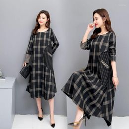 Casual Dresses Cotton And Linen Plaid Dress Female 2023 Spring Autumn Korean Fashion O-Neck Loose Women Vestidos Aq1097