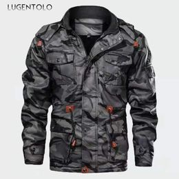 Men's Jackets Men Hooded Fashion Winter Fleece PU Moto Camouflage Coat Casual Print Lapel Zipper Jacket