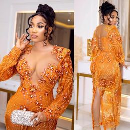 African Orange Aso Ebi Prom Dresses Luxurious Sexy See Through Evening Dress Tulle Beaded Long Sleeves Second Reception Robe de Gala Gowns Party Gown Arabic Outfit