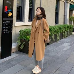 Women's Wool Blends Autumn Winter Double-sided Cashmere Overcoat Elegant Wool Blended Solid Colo Long Coat Fashion Simple Camel Oversized Coat 231108