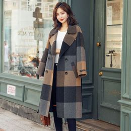 Plaid Wool Coat Women Autumn Winter 2023 New Fashion Long Sleeve Turn Down Collar Jackets Vintage Lace Up Loose Coats