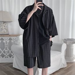 Men's Tracksuits Summer men's shorts set paired with shirt letter stripe lightweight sportswear men's short sleeved elastic waist oversized set 230408