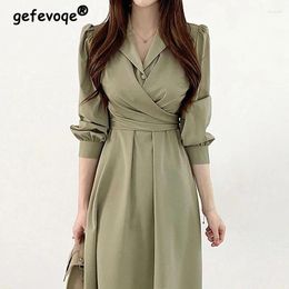 Casual Dresses Women Ruffled Bow Lace Up Chic Elegant Party Korean Fashion Office Lady Business Long Sleeve Midi Dress Vestidos