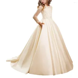 Girl Dresses Long Sleeves Children Wedding Dress For Little Kids First Holy Communion Formal Satin Lace Princess Party Prom 3-12yrs