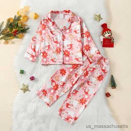 Pajamas Toddler Girl Christmas Pajamas Cartoon Santa Flower Print Long-Sleeved Lapel Tops Elastic Waist Trousers Sleepwear Outfits R231108