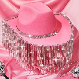 Berets Rhinestones Cowgirl Hats Glitter Rave Cow Girl Hat With Fringe Adult Size Cowboy For Party 3 Colour
