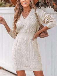 Casual Dresses TAOVK Women V-neck Knit Twisted Long Sleeve Knitwear Fashion Autumn Winter Sweater Dress High Waisted Jumper Slim