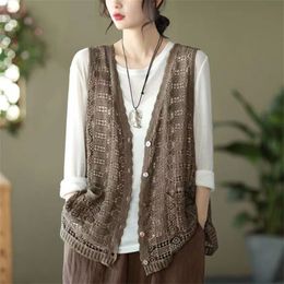 Women's Vests Women's V-neck hollow cardigan sleeveless vest sleeveless jacket cotton lace waistcoat knitted cardigan sleeveless vest 230408