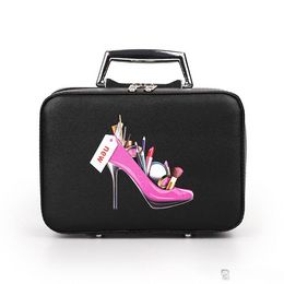 Professional Makeup Bag With High Heel Pattern Portable Cartoon Make up Case Leather Beauty Case Trunk Hand Held Coametic Bag Classic