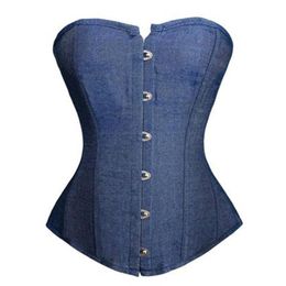 Women Blue Denim Jeans Overbust Corset Plus Size S-6XL Classic Lace-up Plastic Boned Bustier Lingerie Night Out Clubwear Cosplay O266I