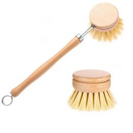 Natural Wooden Long Handle Pan Pot Brush Dish Bowl Washing Cleaning Brush & Replacement Brush Heads Household Kitchen Cleaning Tools tt0408