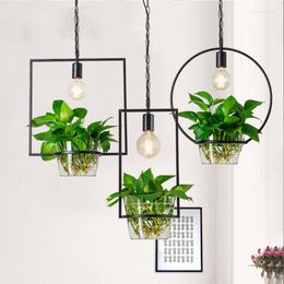 Pendant Lamps Modern Rural Black Painted Geometrical Iron Holder Chain LED Light For Living Room Bar Club Green Plant Not Included