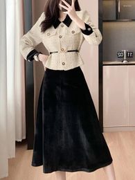 Work Dresses 2023 French Elegant Long Sleeve Blazer Coat Solid Velvet Skirt Autumn Fashion Y2k Lady Suits Spring Vintage 2 Pieces Set