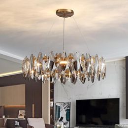 Chandeliers Living Room Chandelier Grey Crystal Round/Wave Light Fixture Luxury Design Luminaire Bedroom Home Decor Led Suspensions Lamp