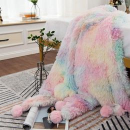 Blankets Colourful Plush Super Soft Blanket Bedding Sofa Cover Furry Fuzzy Fax Fur Throw With Pom Poms