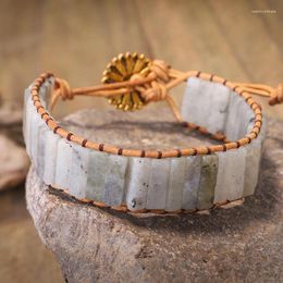 Charm Bracelets Handmade Natrul Stone Light Labradorite Single Boho Leather Wrap Bracelet Semi Precious Beaded Cuff
