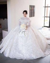 Sparkly Ball Gown Wedding Dresses Long Sleeves High Neck Sequins Appliques Ruffles Bridal Gowns Diamonds Formal Dress Plus Size Custom Made Vestido de novia