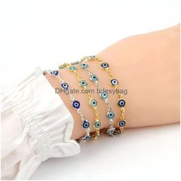 Charm-Armbänder Charm-Armbänder Damen Zierliches Evil Eye Kettenarmband Schöne blaue Augen Perlen Link Armreif Glücksschutz Emaille Be Dhhni