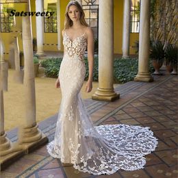 Exquisite Lace 2024 Wedding Dress Mermaid Spaghetti Straps Tulle Full Lace Sexy V-Neck Backless Bridal Party Gowns
