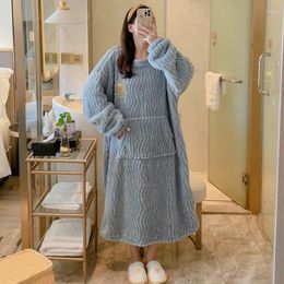 Women's Sleepwear Plus Size 5XL Flannel Nightdress Pullover Night Dress Cute Cartoon Pocket Design 100kg Pregnant Woman Home Clothes