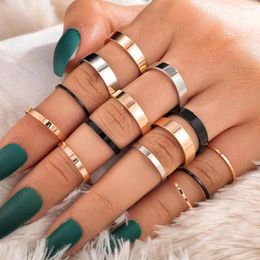 Cluster Rings Black Silver Colour Wide Ring Set 14PCS/Set Fashion Creative Personality Alloy Three-color Glossy Gold Women Jewellery Gift