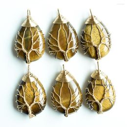 Pendant Necklaces Wholesale 6pcs/lot Fashion Gold Colour Wire Wrap Handmade Tree Of Life Drop Shape Natural Tiger Eye Stone Pendants G