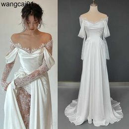 Party Dresses Illusion Tul Off Shoulder Lace Wedding Gowns Big Size Custom Made A Line Long Seves Ruched Satin High Slit Bridal Dress 0408H23