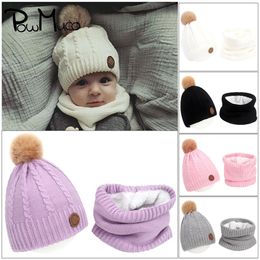 Caps Hats Powmuco Children's Fashion Furball Hat and Scarf Two Piece Set Solid Color Knitting Wool Cap born Bonnet Kid Hair Accessories 231108