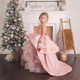 Girl Dresses Pink Layered Flower Dress For Wedding Gold Applique Sleeveless Floor Length Birthday Party First Communion Ball Gowns Wear