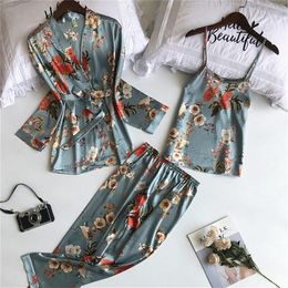 Daeyard 3 Pieces Silk Pajama Set Print Nightwear Pijama Home Suit Women Sexy Lingerie Pyjama Bride Robe Satin Kimono Floral Robe T2590