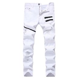 New Men casual jeans Fashional denim Pants Knee Holes Panelled Zipped hiphop pants Washed Middle Waist high quality235q