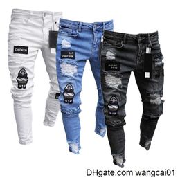 Men's Jeans Streetwear Men Ripped Skinny Biker broidery Badge Cartoon Jeans Destroyed Ho Slim Fit Denim Pants Hip Hop Black Jeans 0408H23