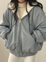 Women's Fur Faux Winter Fleece Parka Korean Fashion Double Sided Hooded Coat Female Oversized Casual Loose Zip Up Thicken Plush Jackets 231108