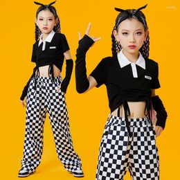 Stage Wear Modern Dance Hip Hop Clothing For Girls Black Crop Tops Plaid Pants Kpop Outfits Children Jazz Performance DQS12490