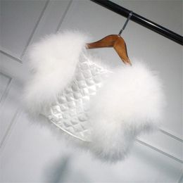 Women's Fur & Faux Real Ostrich Feather Vest White Bridal Shrug Bolero Winter Warm Furry Jacket C11