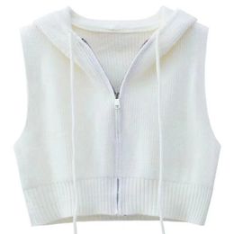 Women's Vests Hooded Waistcoat Knitted Tank Top Cardigan Women's Shirt Spring and Autumn Loose Sleeveless Sweater White Coat 230408
