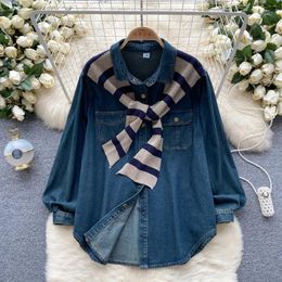 Women's Blouses SuperAen Denim Shirt With Knitted Shawl Two-piece Women Autumn Washed Jeans Loose Tops