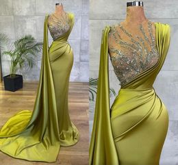 Arabic Lemon Green Satin Mermaid Evening Prom Dresses Sheer Mesh Top Sequin Beads Ruched Formal Occasion Wear Gold Hunter Sheer Neck Sweep Train Robe de soriee