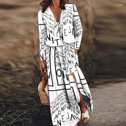 Casual Dresses Vintage Zipper V-Neck Letter Print Stylish Women Autumn Long Sleeve Waist Party Dress Elegant Split Loose