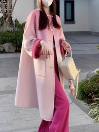 Casual Dresses Wool Winter Chinese Style Gradient Pink Button Double Sided Cashmere Coat Loose Fit