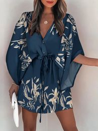 Women's Swimwear V-neck Flared Sleeve Bikini Cover Up For Woman Navy Loose Lace Up Holiday Beach Tunic Summer Mini Dress Beachwear 230408