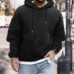 Men's Hoodies Fall Winter Men Hoodie Thick Drawstring Hooded Big Patch Pocket Long Sleeve Pullover Applique Knitted Mid Length