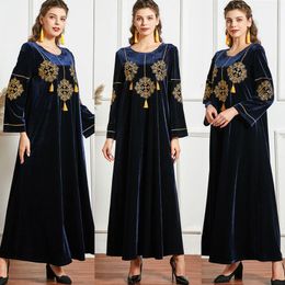 Ethnic Clothing Plus Size Middle East Velvet Embroidery Long Dress Muslim Women Abaya Islamic Tassel Fashion Sleeve Winter Robe Gown